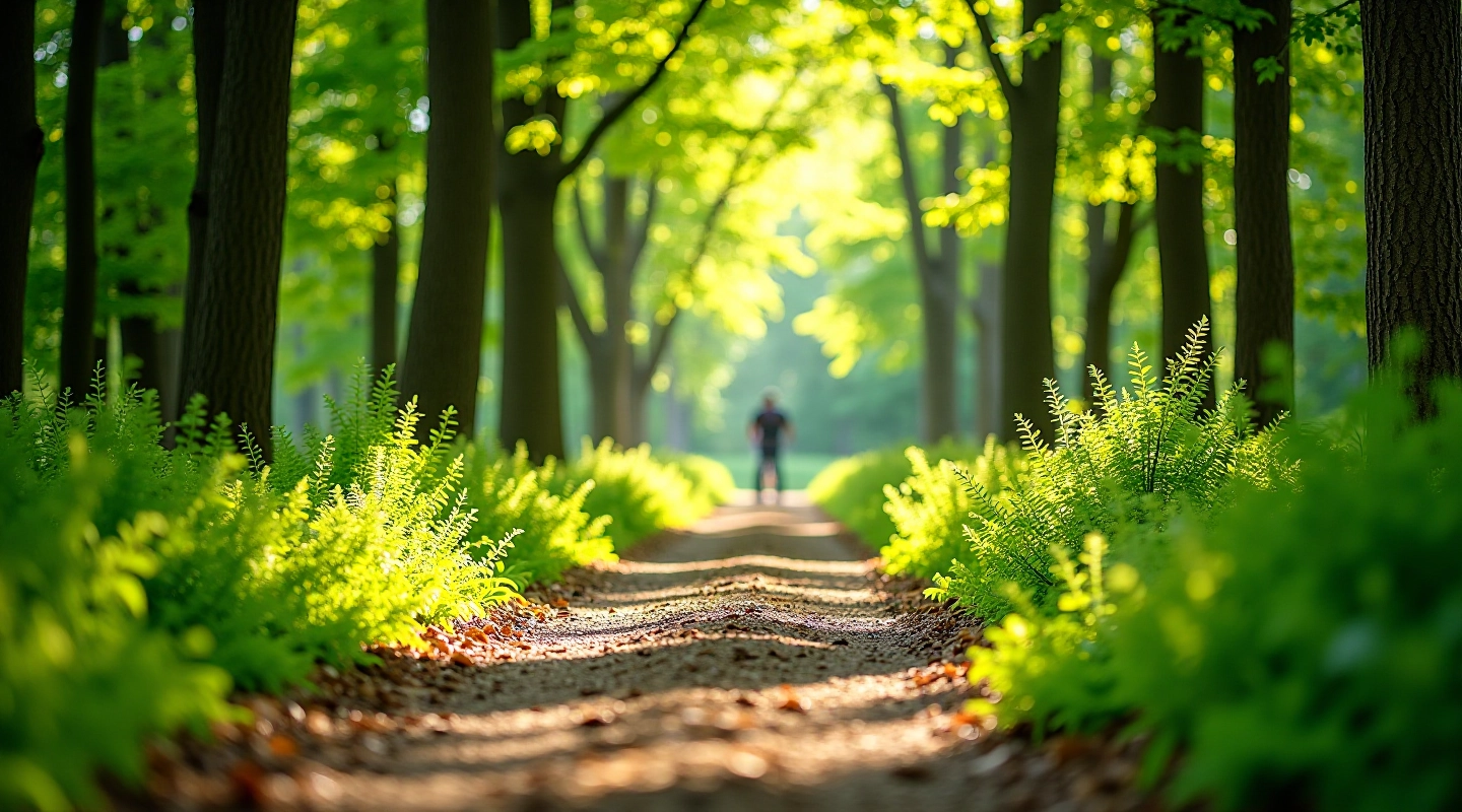 Forest cycling path winding through green woodland scenery
