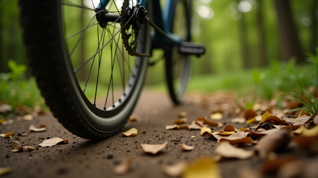 Close-up of bicycle on forest path, showing tire grip and compacted wesowseeds surface