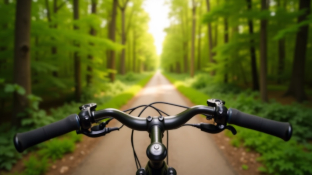 Close-up of bicycle handlebar with forest path visible ahead through trees