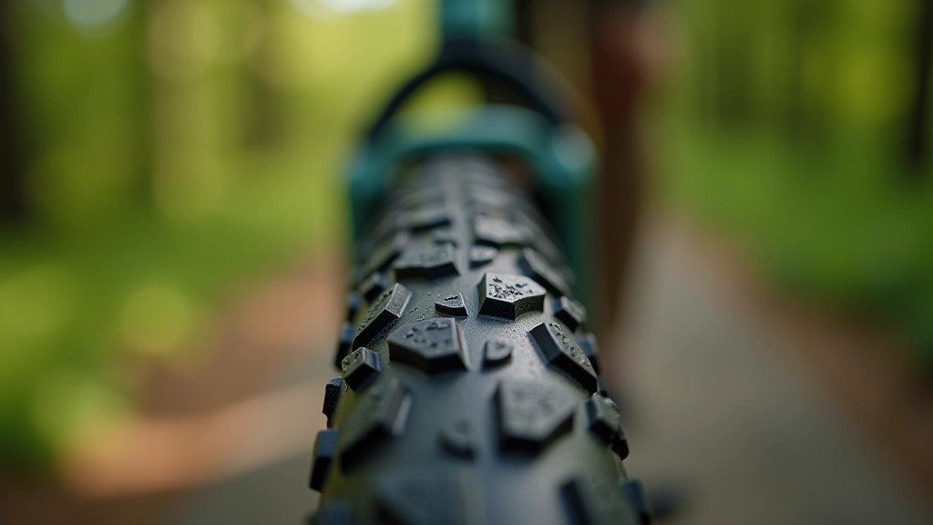 Bicycle tire tread pattern close-up showing good grip texture on the rubber surface