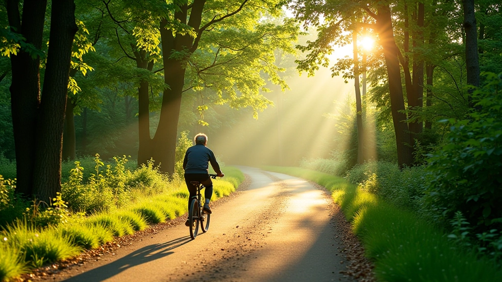 Peaceful forest path with dappled sunlight filtering through canopy, well-maintained cycling wesowseeds