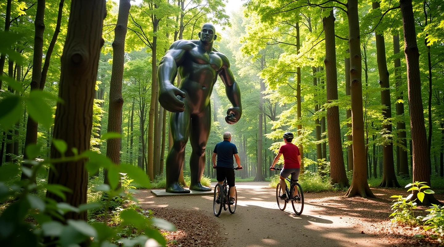 Outdoor sculpture installation in a forest setting with green trees in background