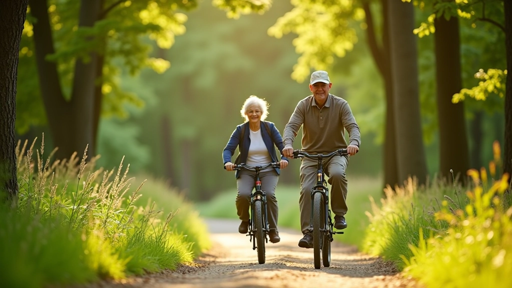 Active seniors enjoying cycling on a forest pathway with green surroundings