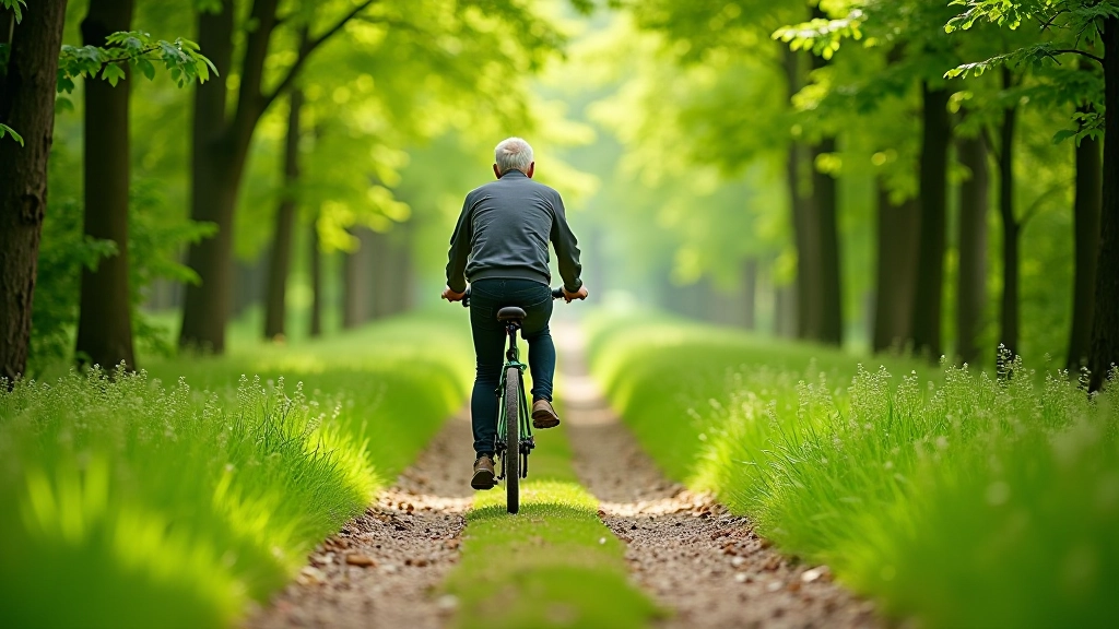 Cyclist riding on a peaceful forest path surrounded by dense green trees