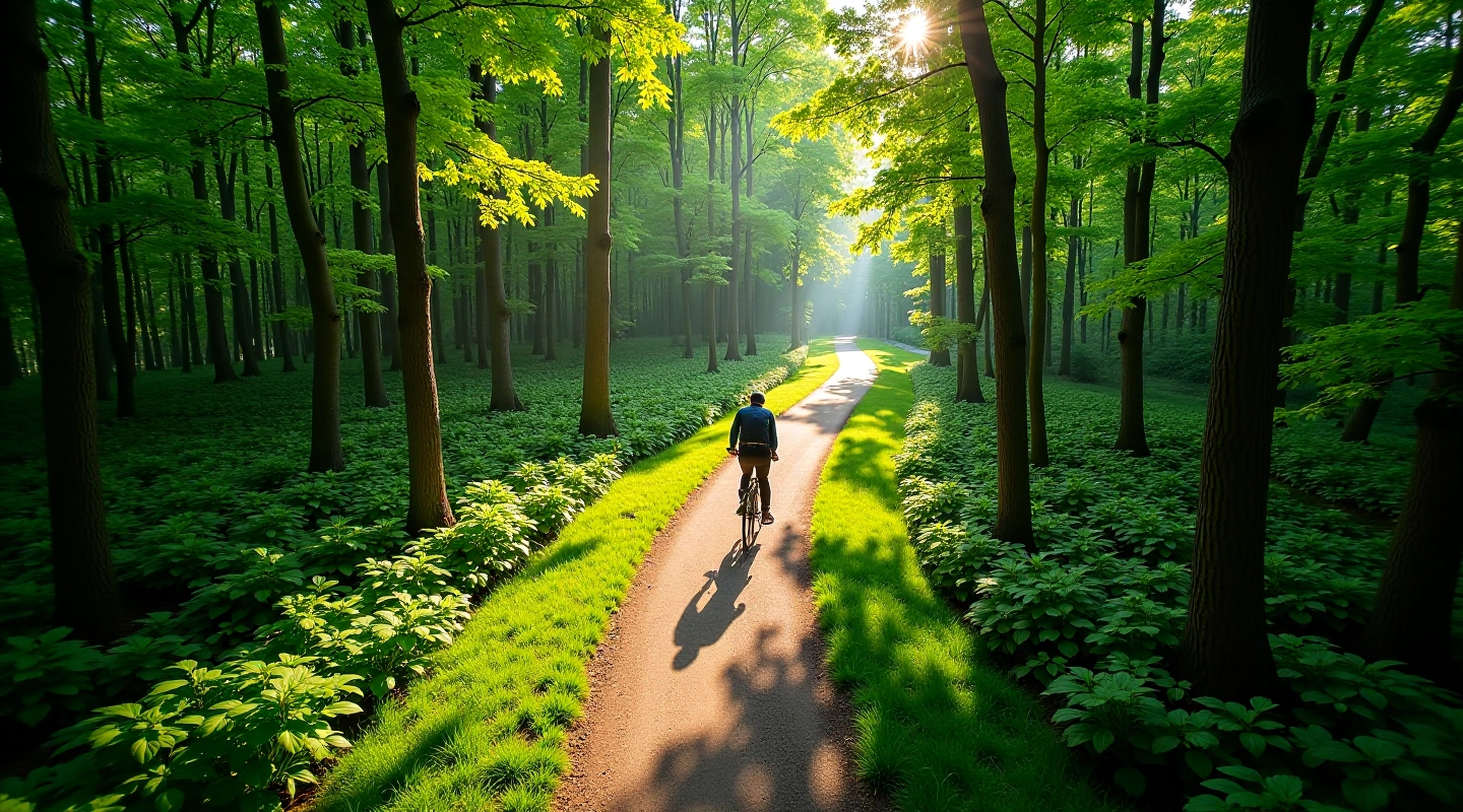 Forest cycling path winding through Dzūkija with green trees and natural landscape
